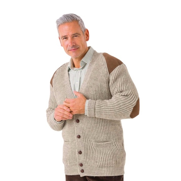 British Wool Dulyn Knitwear Cable Knit Cardigan | Leather Elbow Patches Large - Picture 1 of 10